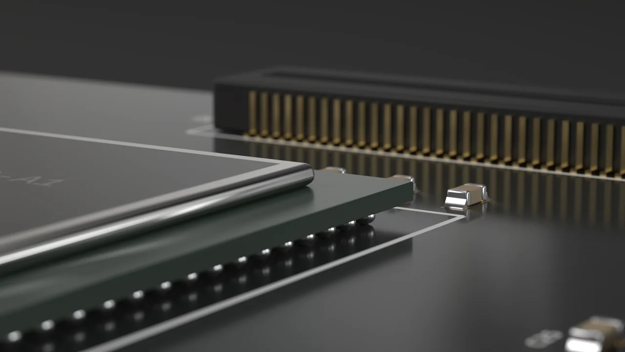 Close-up of a processor lid, BGA solder balls and a board-to-board connector