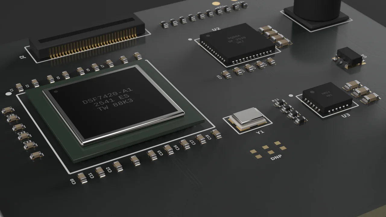 Macro render of a populated controller board with a lidded processor, QFN chips and passives